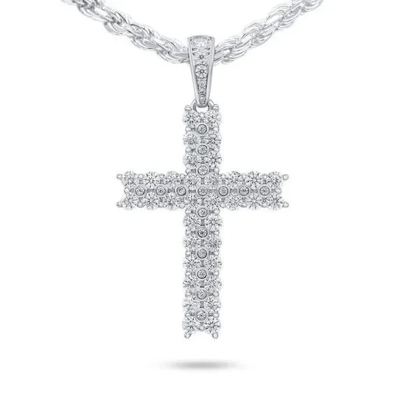 2 Row VVS1 Moissanite Cross Pendant Men Women, 18k White Gold Plated 925 Silver - Picture 5 of 7